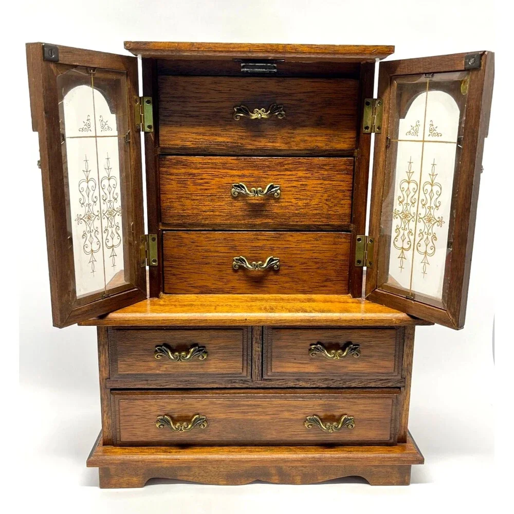 Vintage Laurel Japan Musical Jewelry Armoire 6 Drawer Love Story Music Box